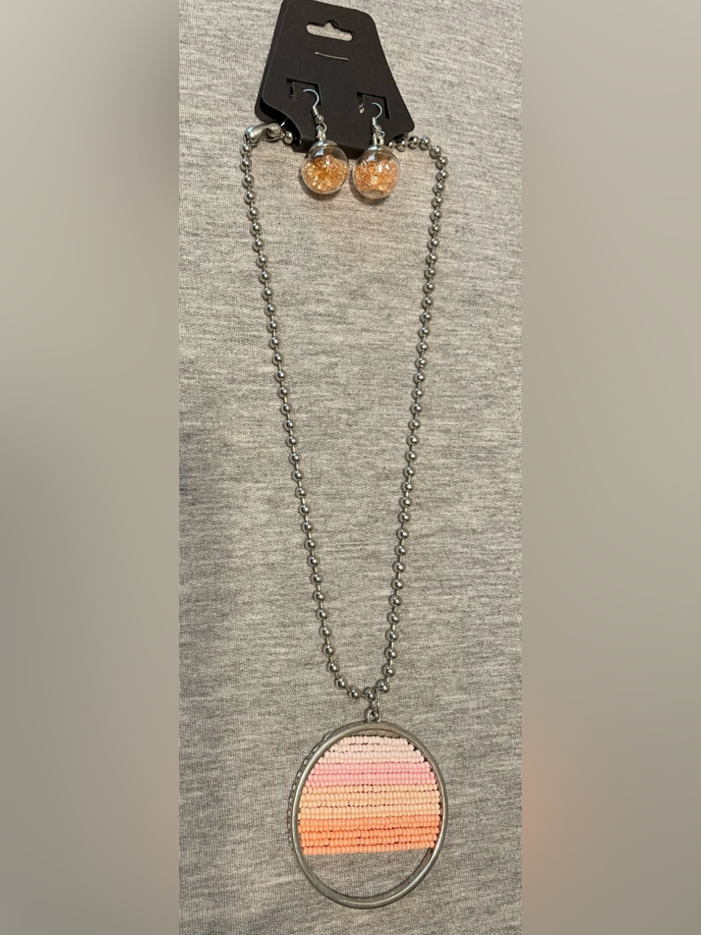 Stunning Pink & Peach Beaded Pendant, Silver Ball-Bead Necklace & Earring Set